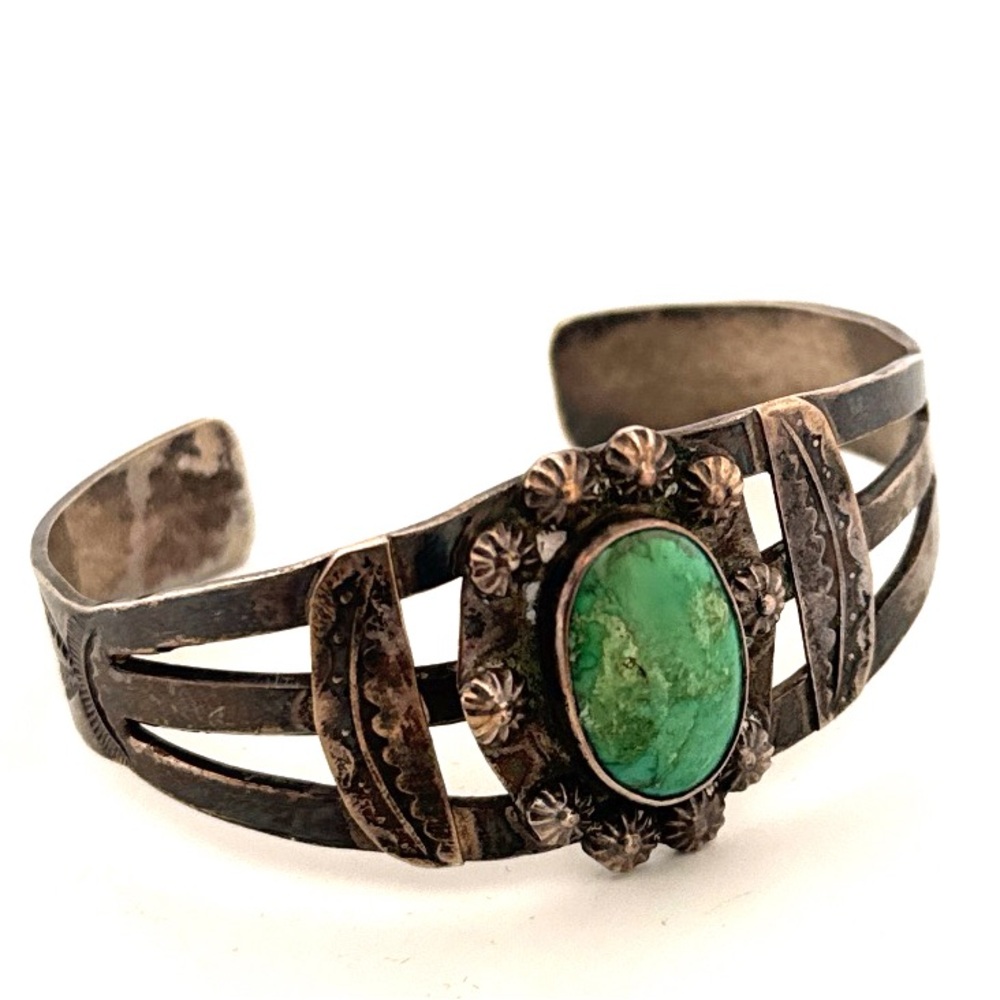 Old Navajo Fred Harvey Era Green Turquoise Chief Head Cuff Bracelet Sterling 28g